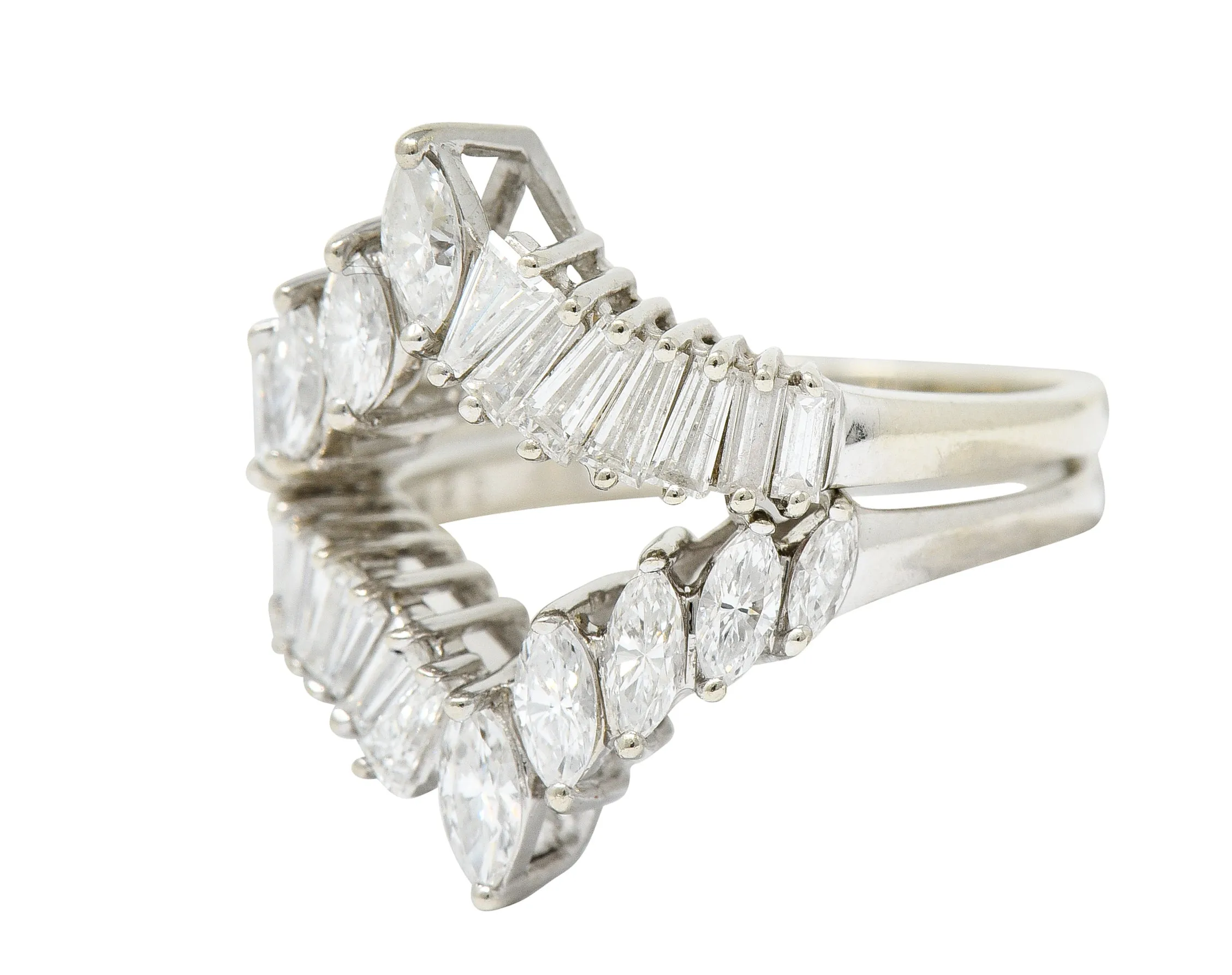 1950's Mid-Century 2.00 CTW Diamond 14 Karat White Gold Chevron Band Rings