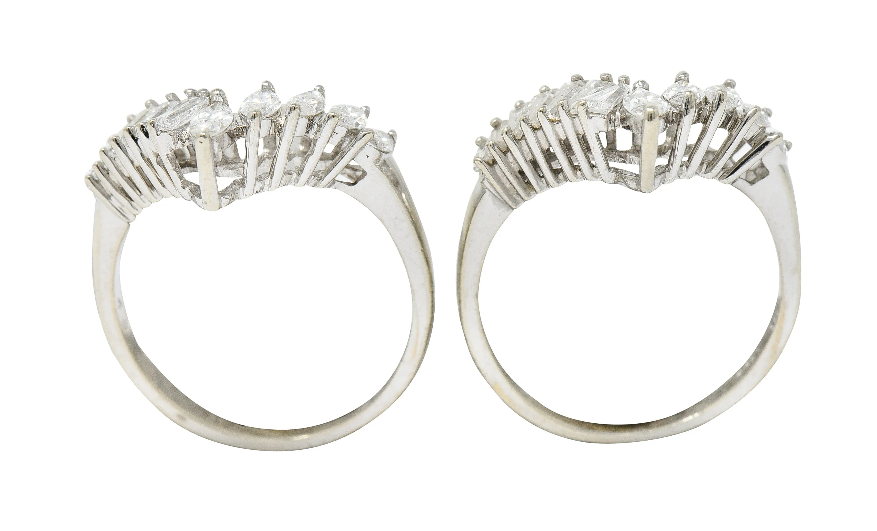 1950's Mid-Century 2.00 CTW Diamond 14 Karat White Gold Chevron Band Rings