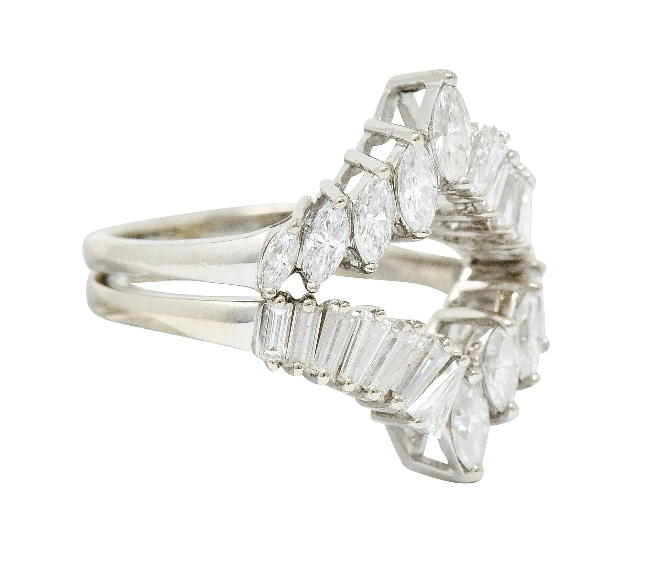 1950's Mid-Century 2.00 CTW Diamond 14 Karat White Gold Chevron Band Rings