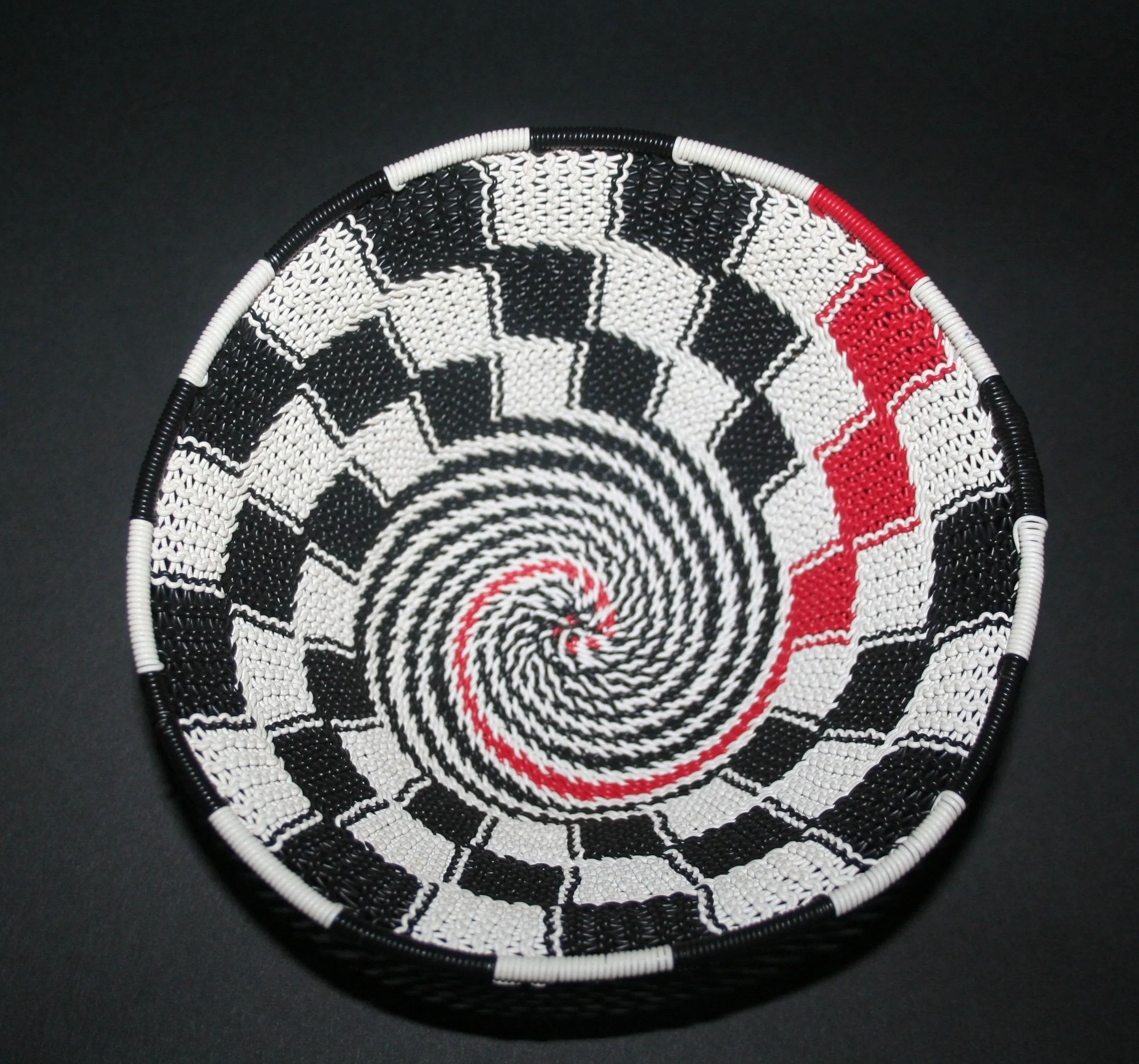 African Telephone Wire Bowl Zulu Basket White Black Red Swirl - 7.5" D X 3.75" H