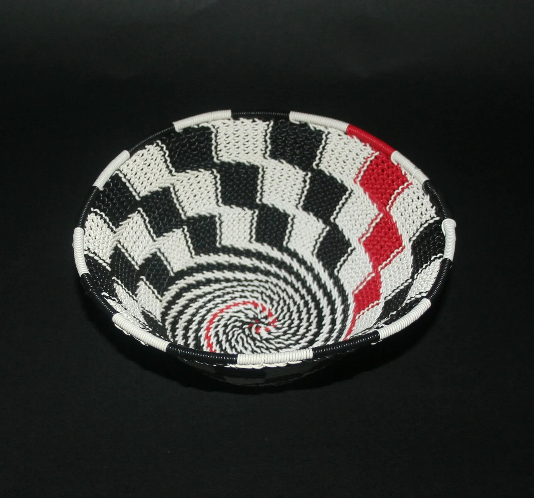 African Telephone Wire Bowl Zulu Basket White Black Red Swirl - 7.5" D X 3.75" H