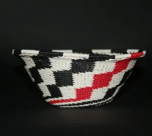 African Telephone Wire Bowl Zulu Basket White Black Red Swirl - 7.5" D X 3.75" H