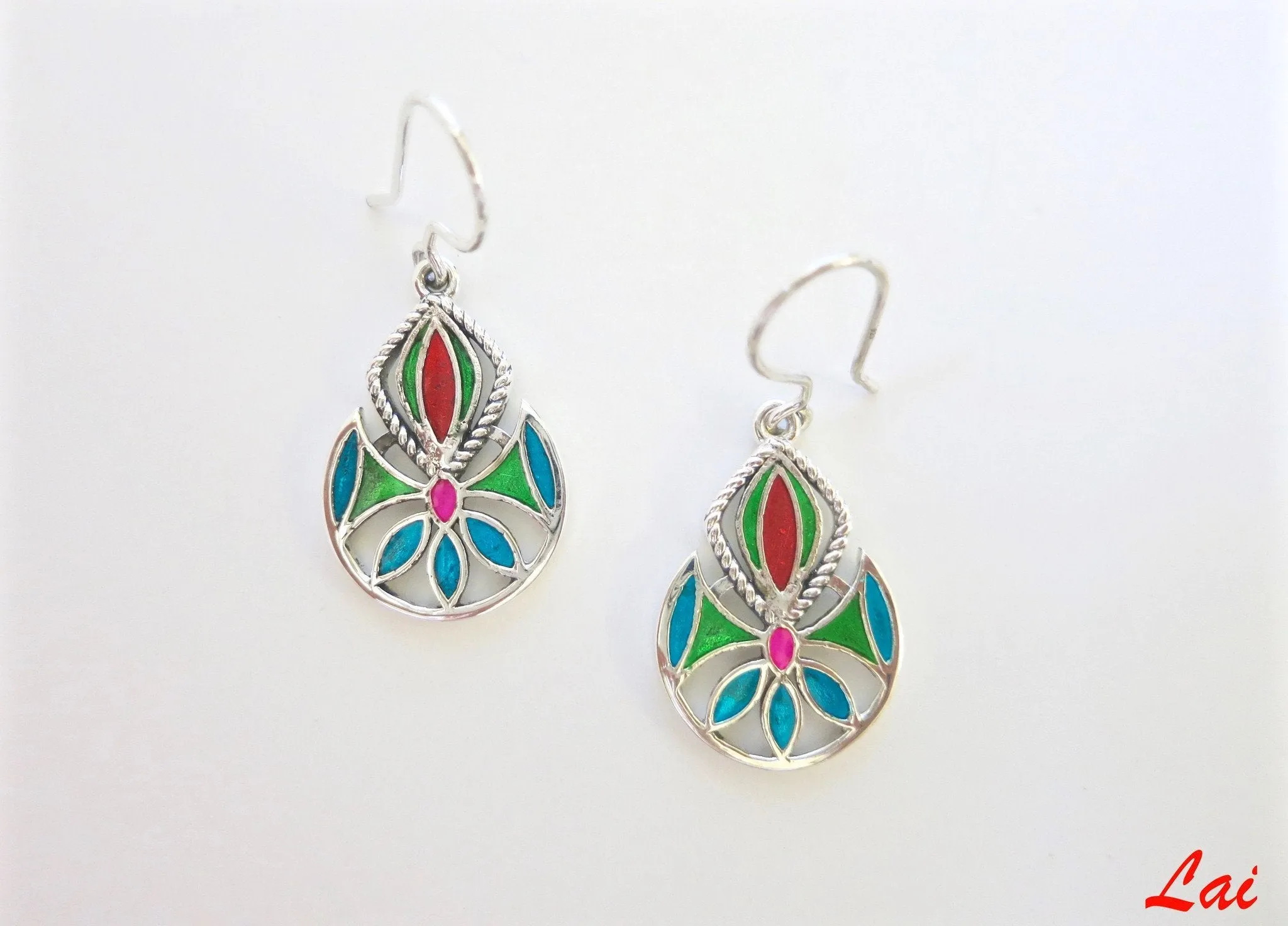 Artistic and whimsical, multi colour enamel dangle earrings