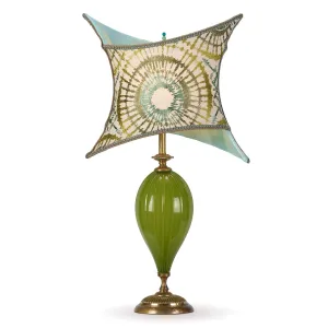Astra Table Lamp 106Y187  Colors Aqua and Green Blown Glass Base with Embroidered Envelope Shade by Kinzig Design