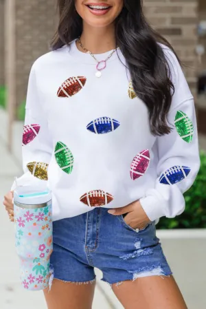 Beige Sequined Rugby Football Pattern O Neck Game Day Sweatshirt