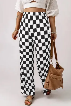 Black 2-Tone Checked Print High Waist Wide Leg Pants