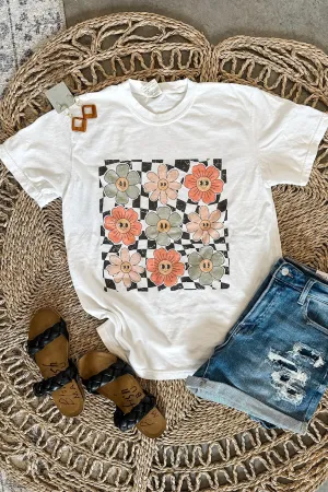 Black Checkered Retro Flowers Graphic Tee - White