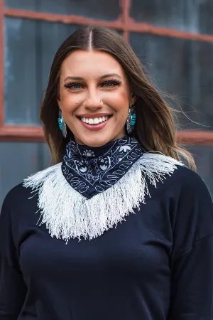 Black Silk Bandana with Ivory Fringe