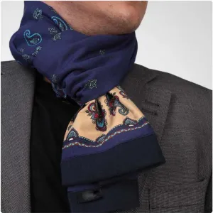 Blue Biege Paisley Mens Silk Scarf - Designer neck scarf for winters