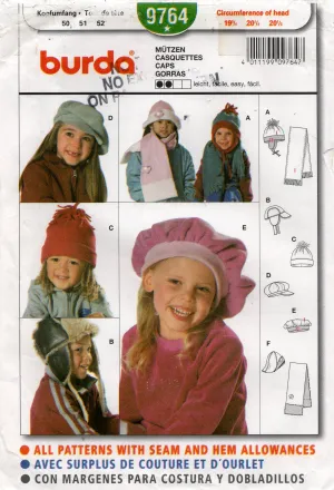 Burda 9764 Childrens Winter Hats & Scarves Out Of Print Sewing Pattern UNCUT Factory folded