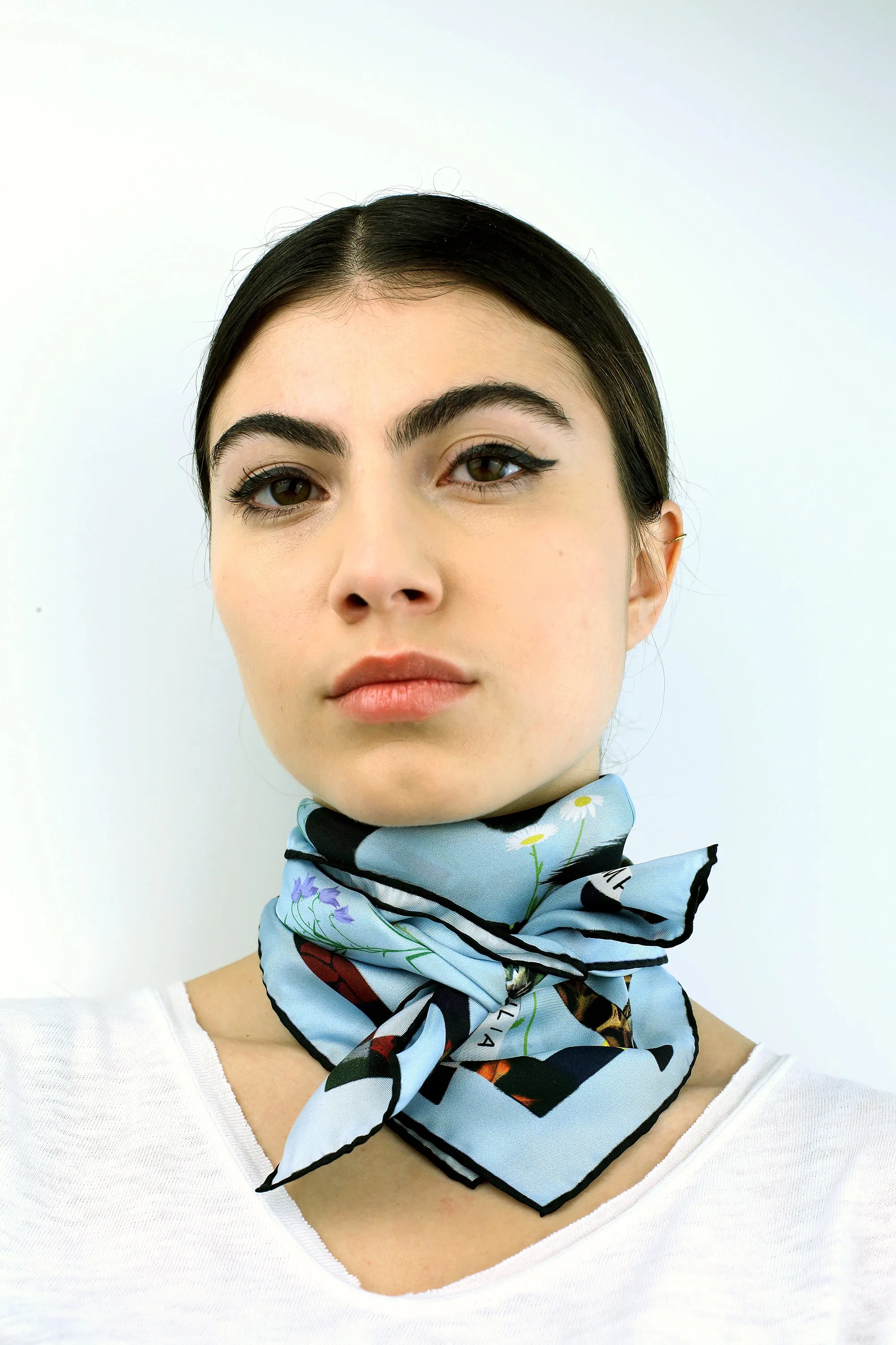 CAT SAUVAGE DAWN Light Blue Print Silk Scarf