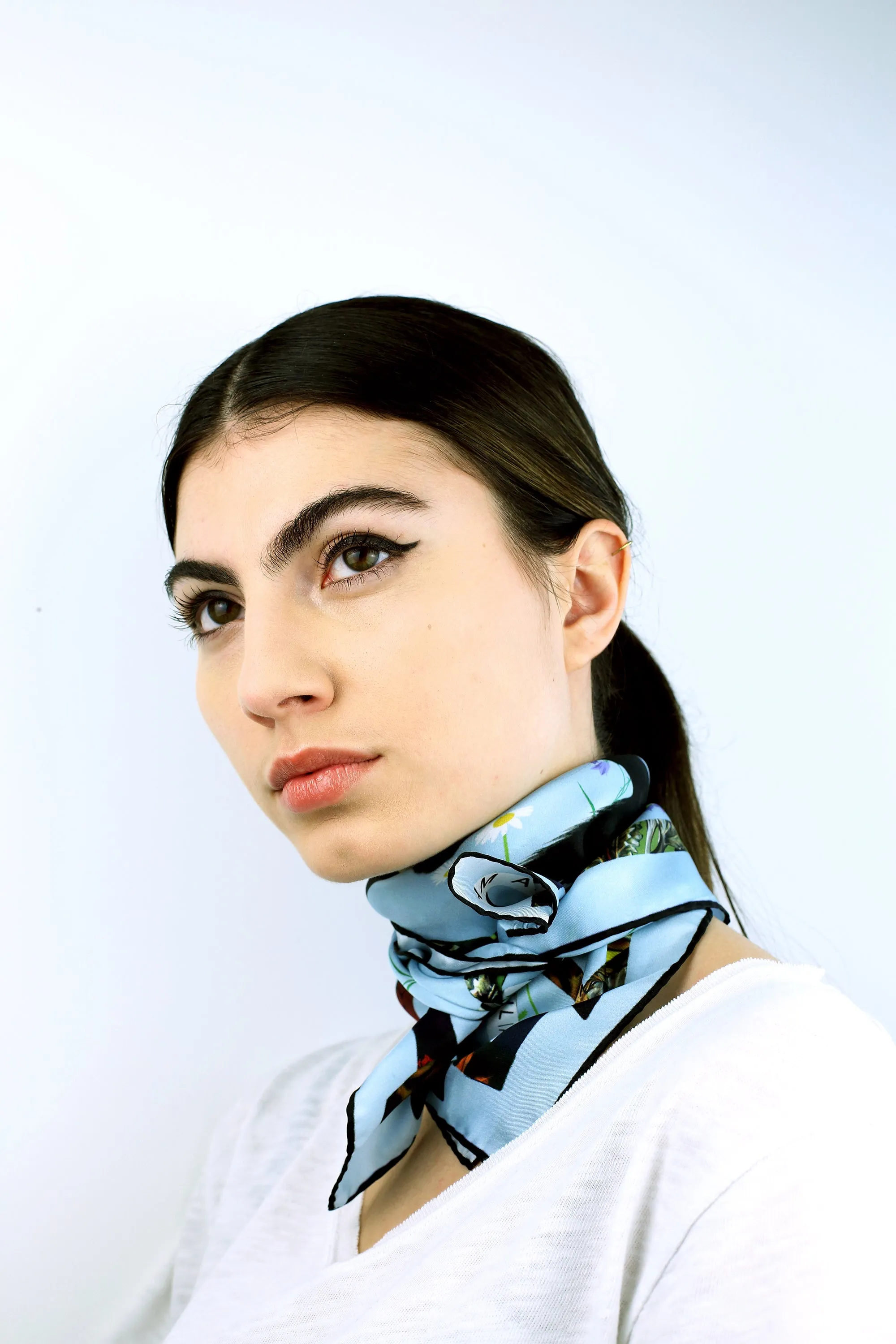 CAT SAUVAGE DAWN Light Blue Print Silk Scarf