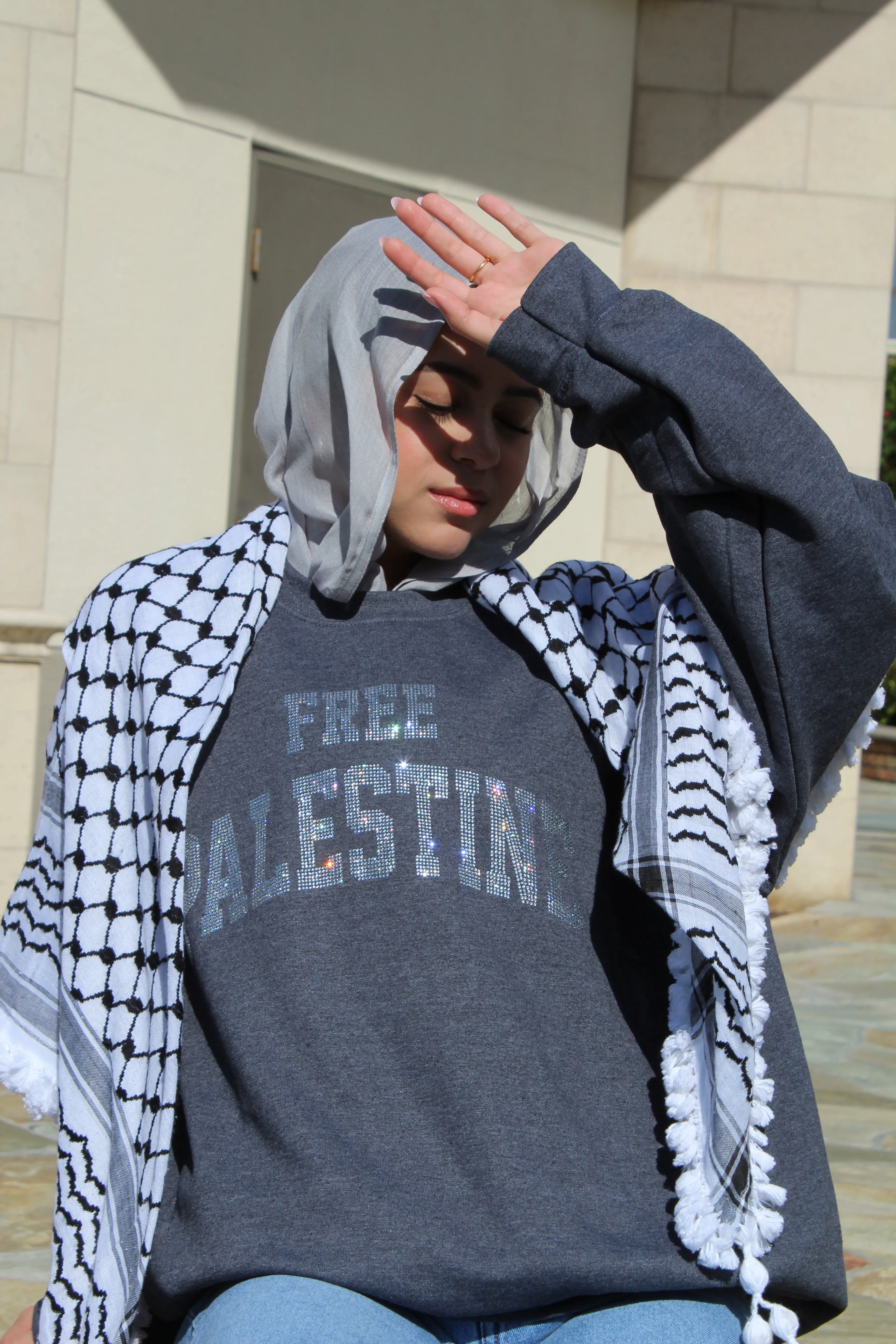 Charcoal Gray Rhinestone Palestine Sweater