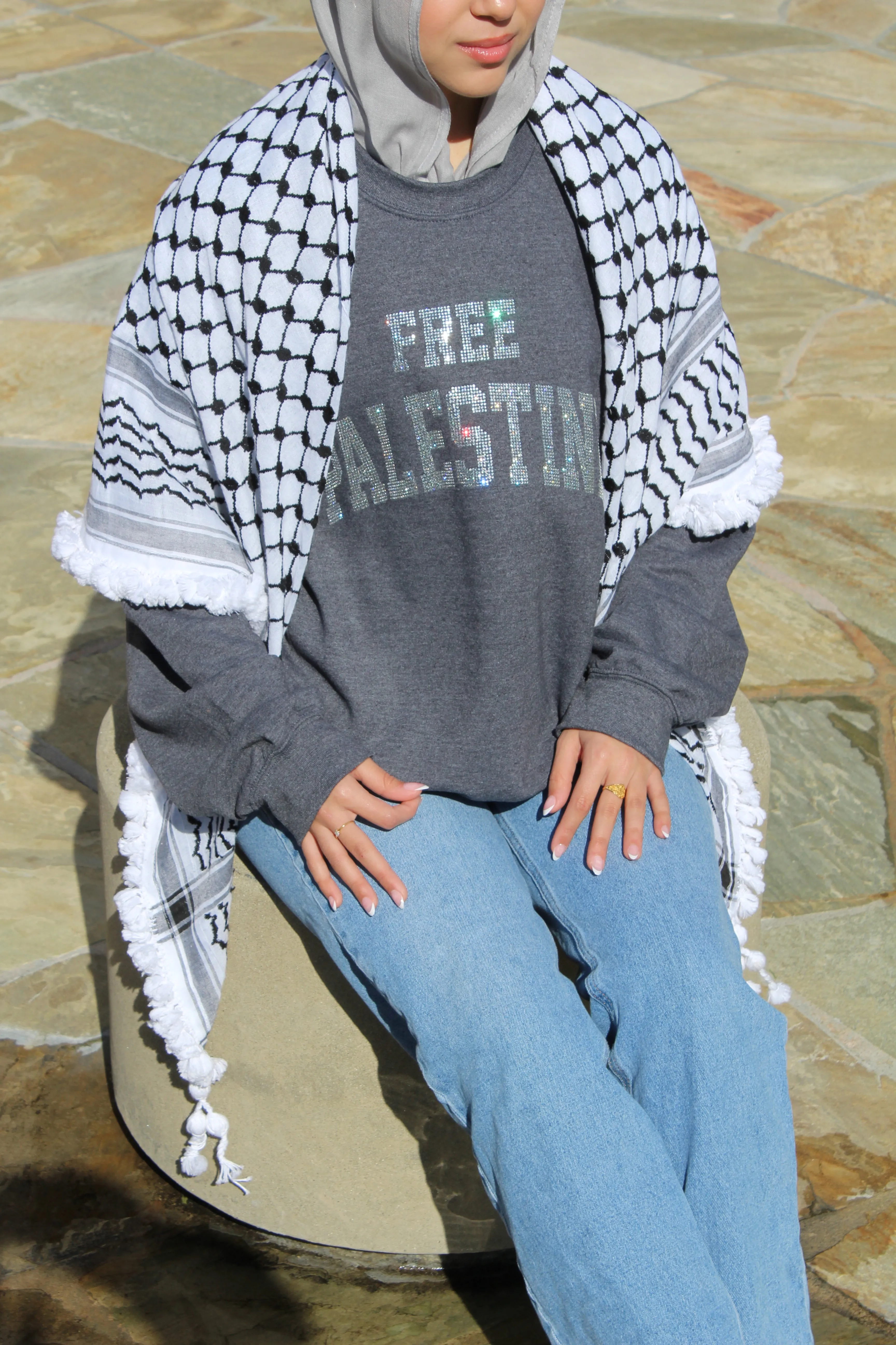 Charcoal Gray Rhinestone Palestine Sweater