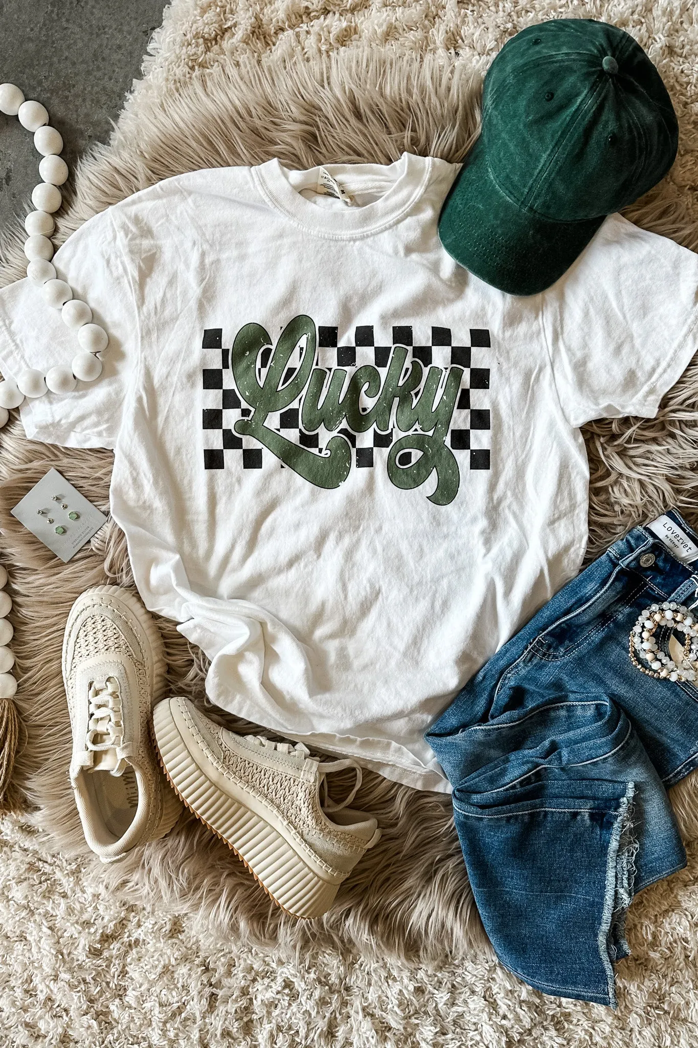 Checkered Retro Lucky Graphic Tee - White