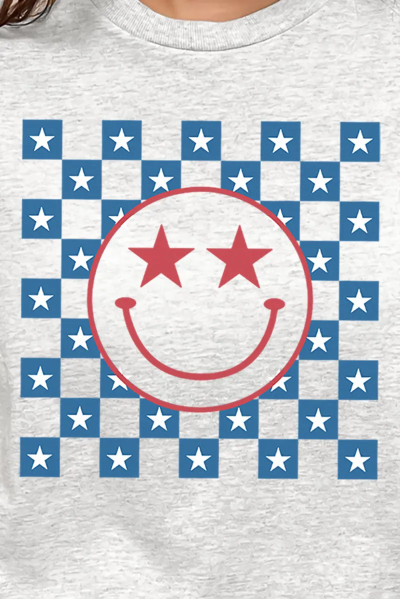Checkered Retro Patriotic Smile Short Sleeve Relaxed Fit T-Shirt