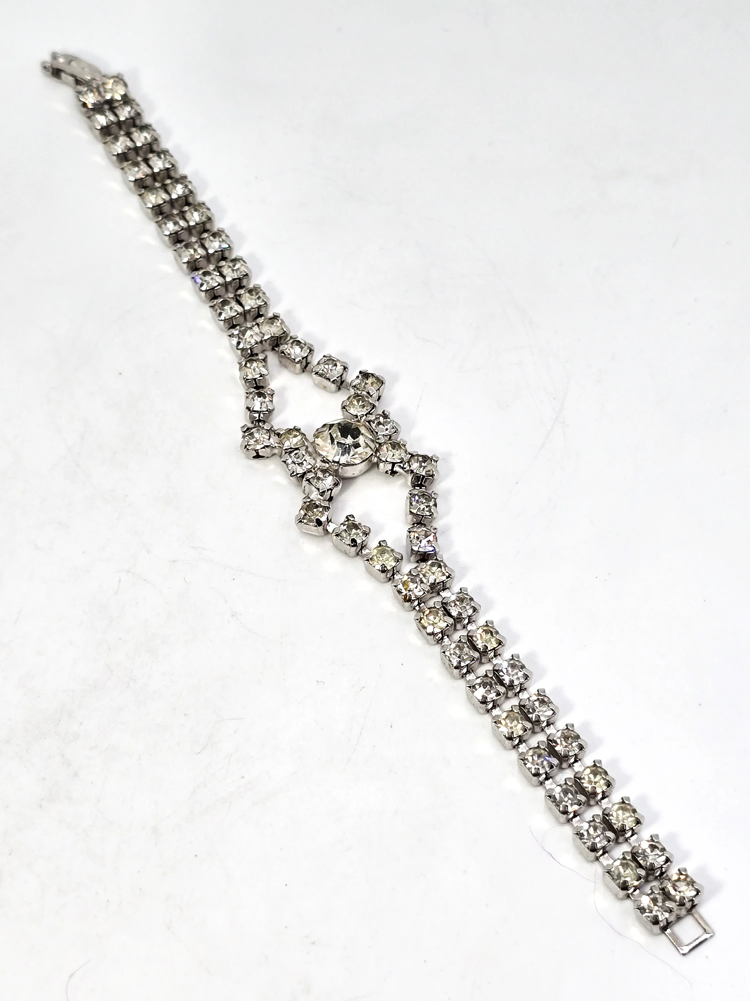 Chevron clear rhinestone open work double row vintage bracelet
