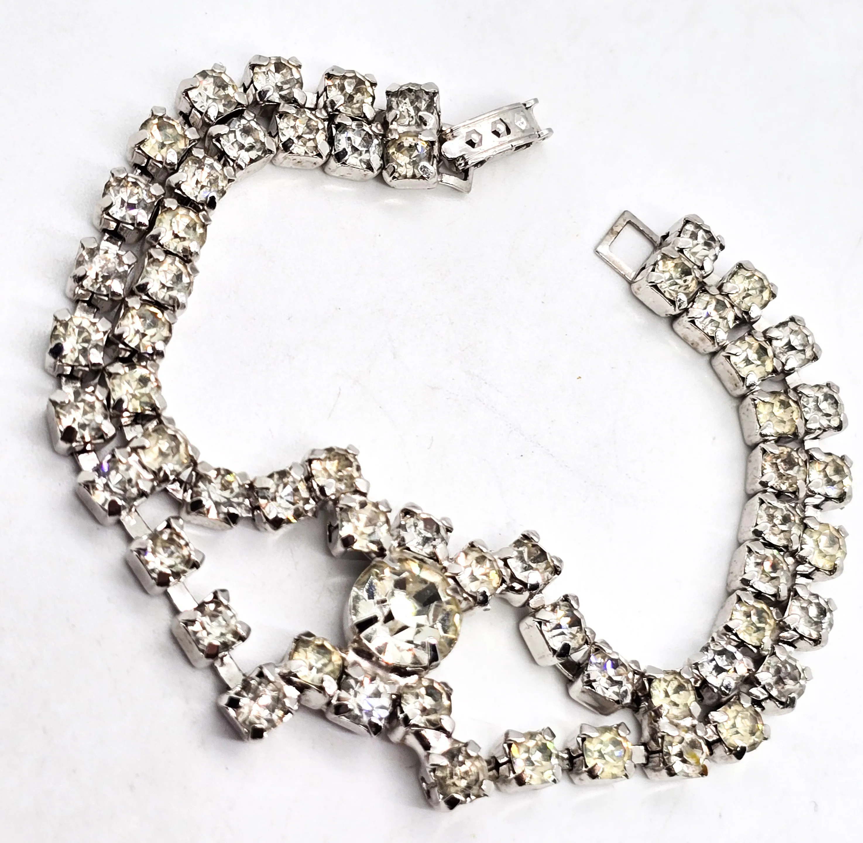 Chevron clear rhinestone open work double row vintage bracelet