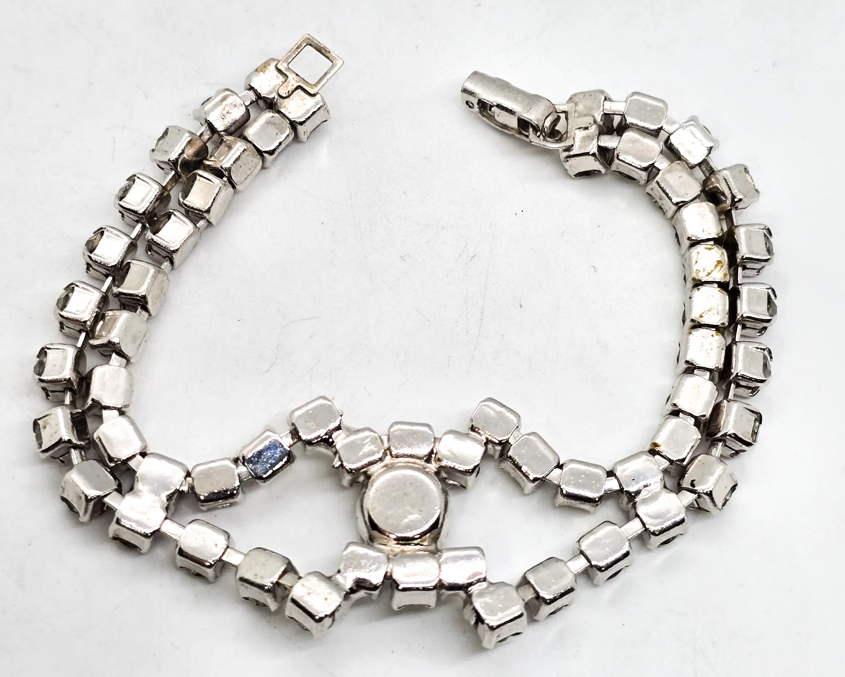 Chevron clear rhinestone open work double row vintage bracelet
