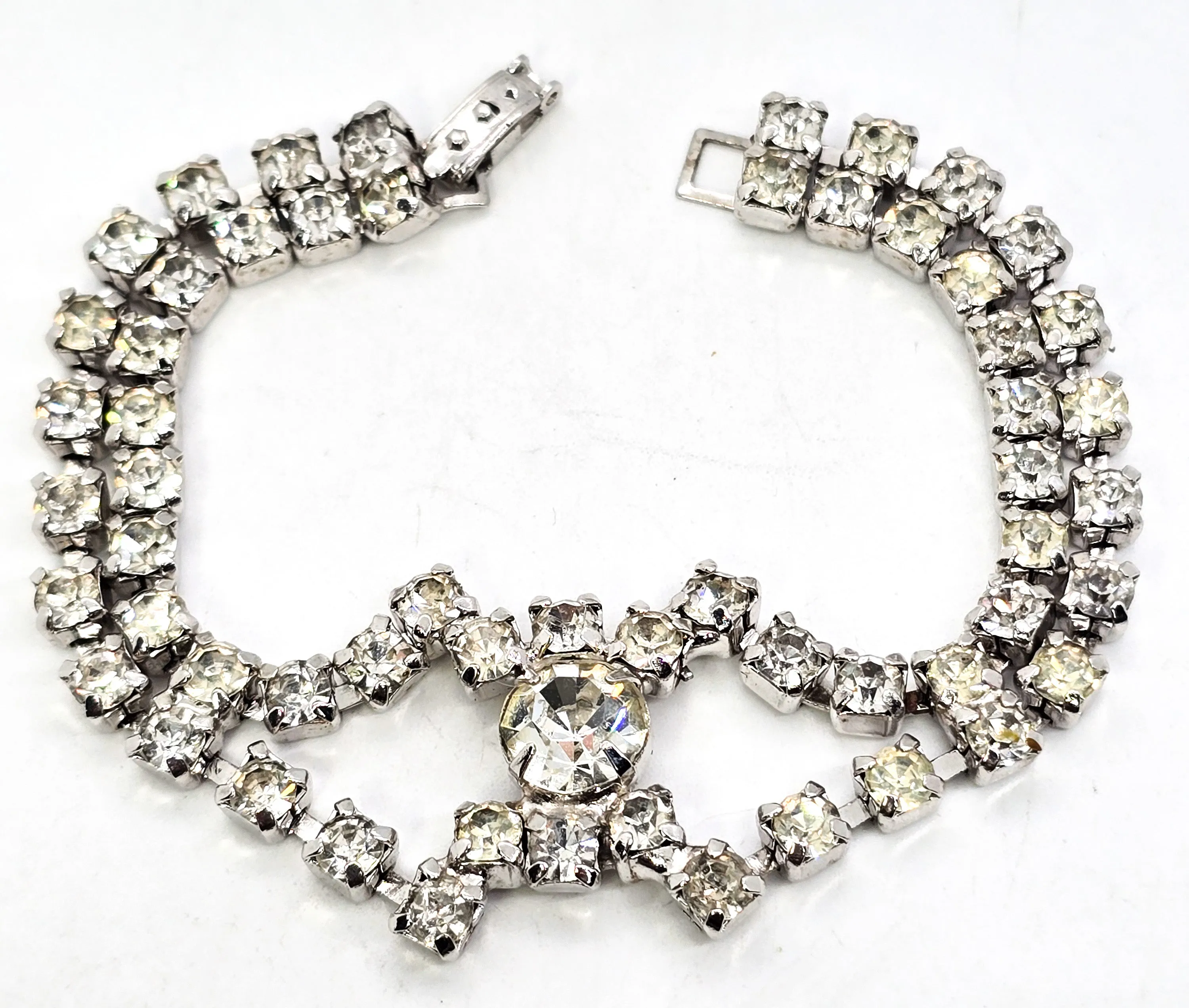 Chevron clear rhinestone open work double row vintage bracelet