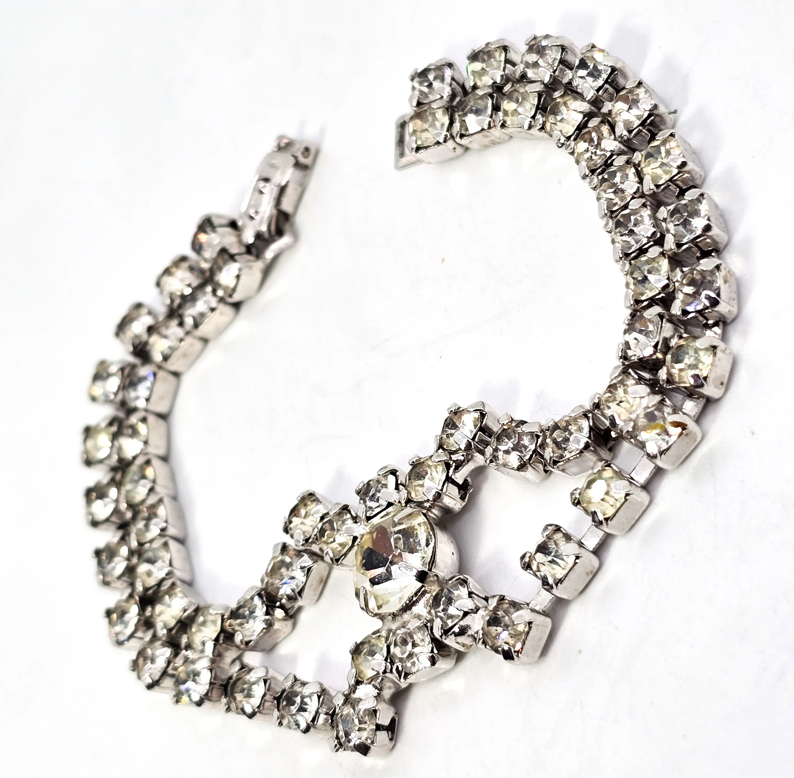 Chevron clear rhinestone open work double row vintage bracelet