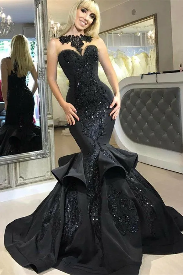 Chic Black Mermaid Prom Party GownsLong Sequins Ruffles Party Gowns
