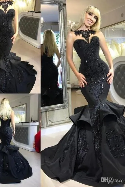 Chic Black Mermaid Prom Party GownsLong Sequins Ruffles Party Gowns