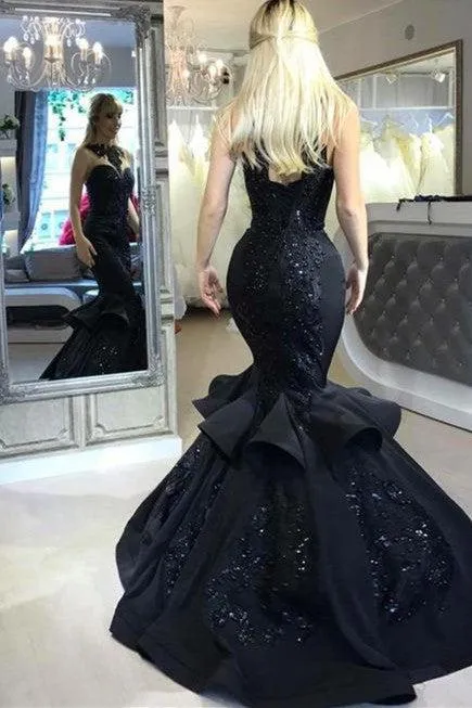 Chic Black Mermaid Prom Party GownsLong Sequins Ruffles Party Gowns