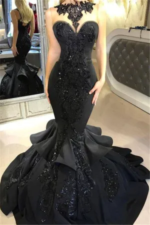 Chic Black Mermaid Prom Party GownsLong Sequins Ruffles Party Gowns