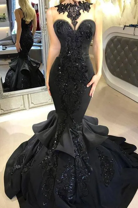 Chic Black Mermaid Prom Party GownsLong Sequins Ruffles Party Gowns