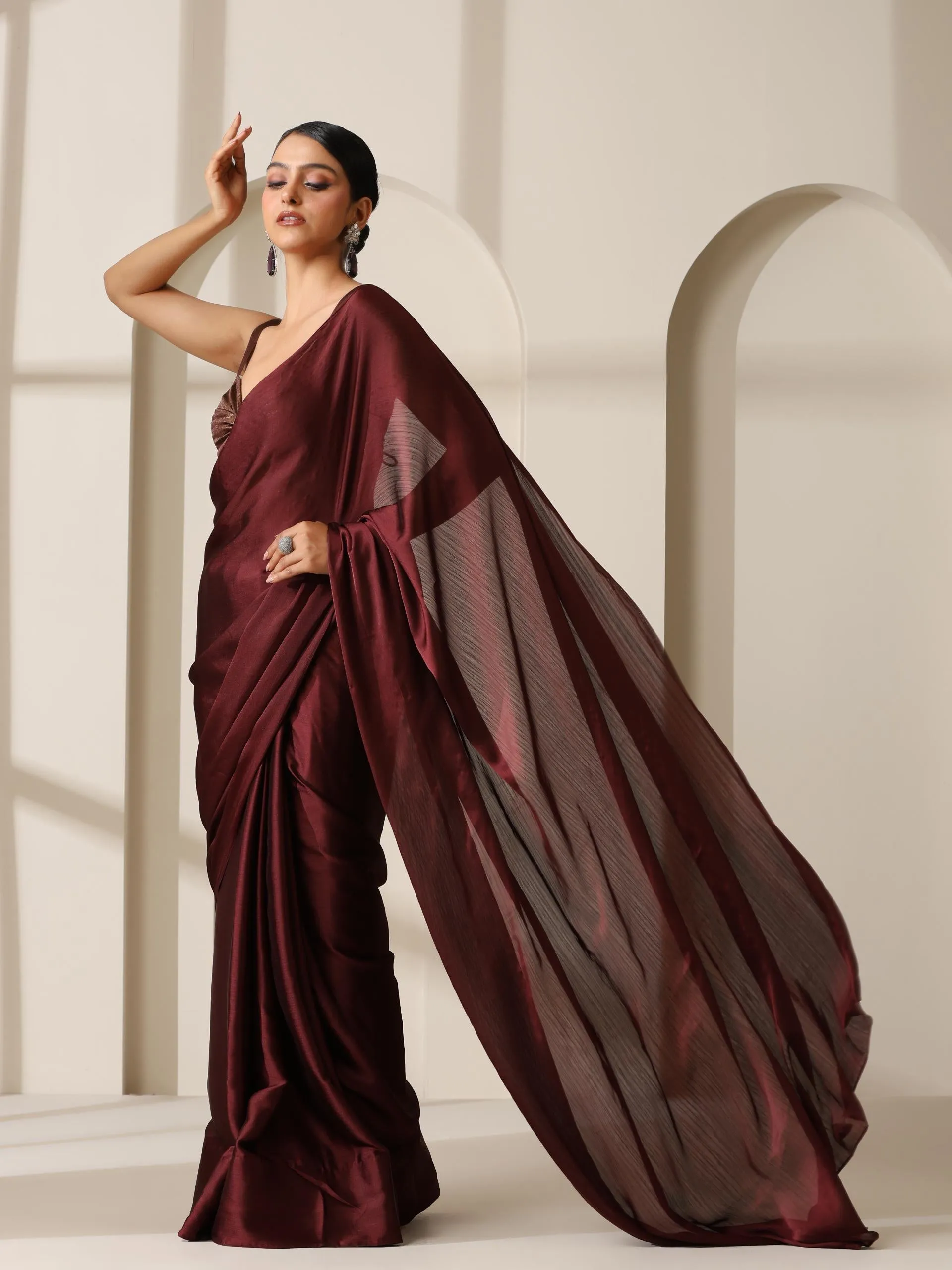 Chocolate Chiffon Saree with Gold Chocolate Blouse Fabric