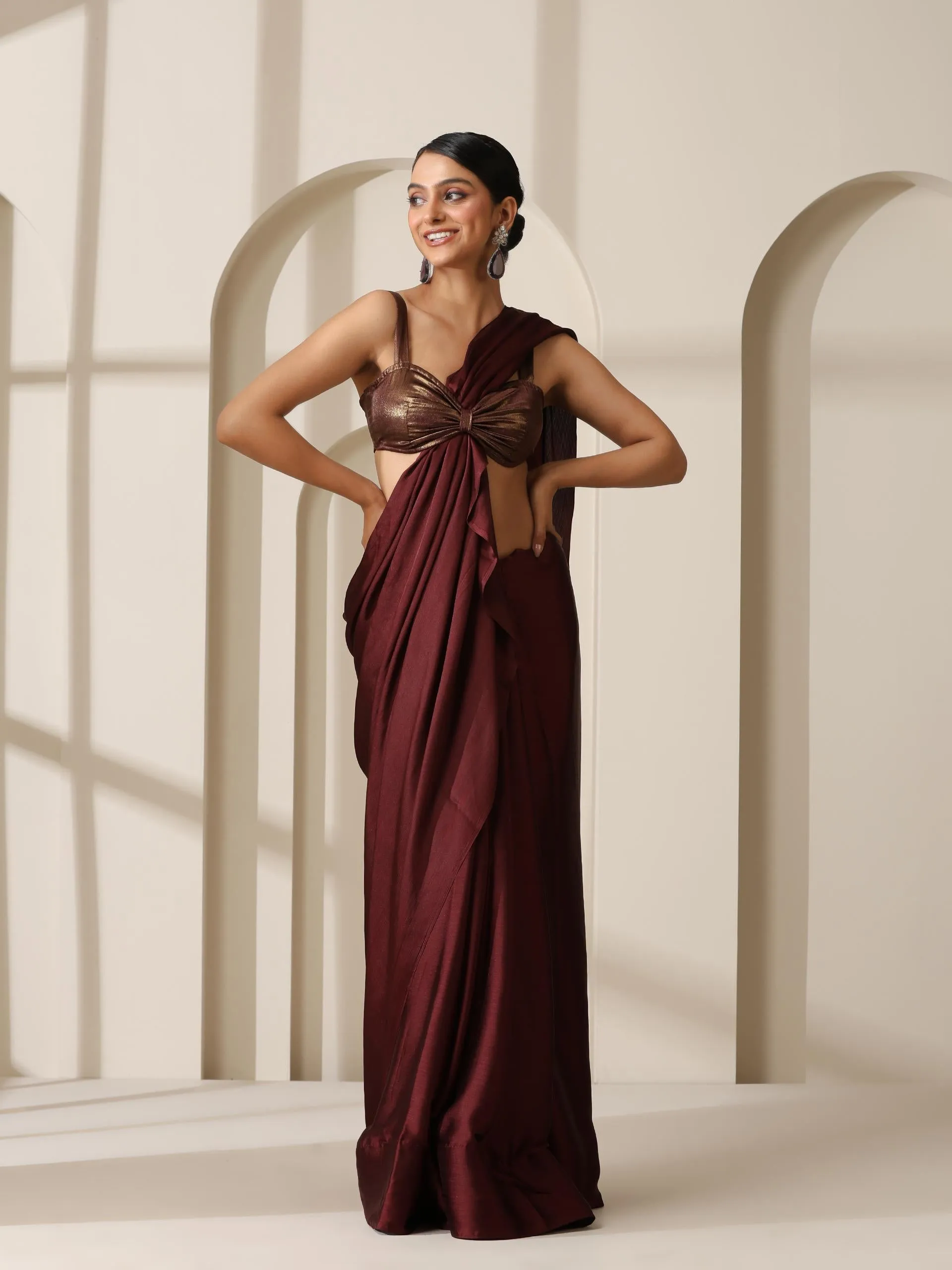 Chocolate Chiffon Saree with Gold Chocolate Blouse Fabric