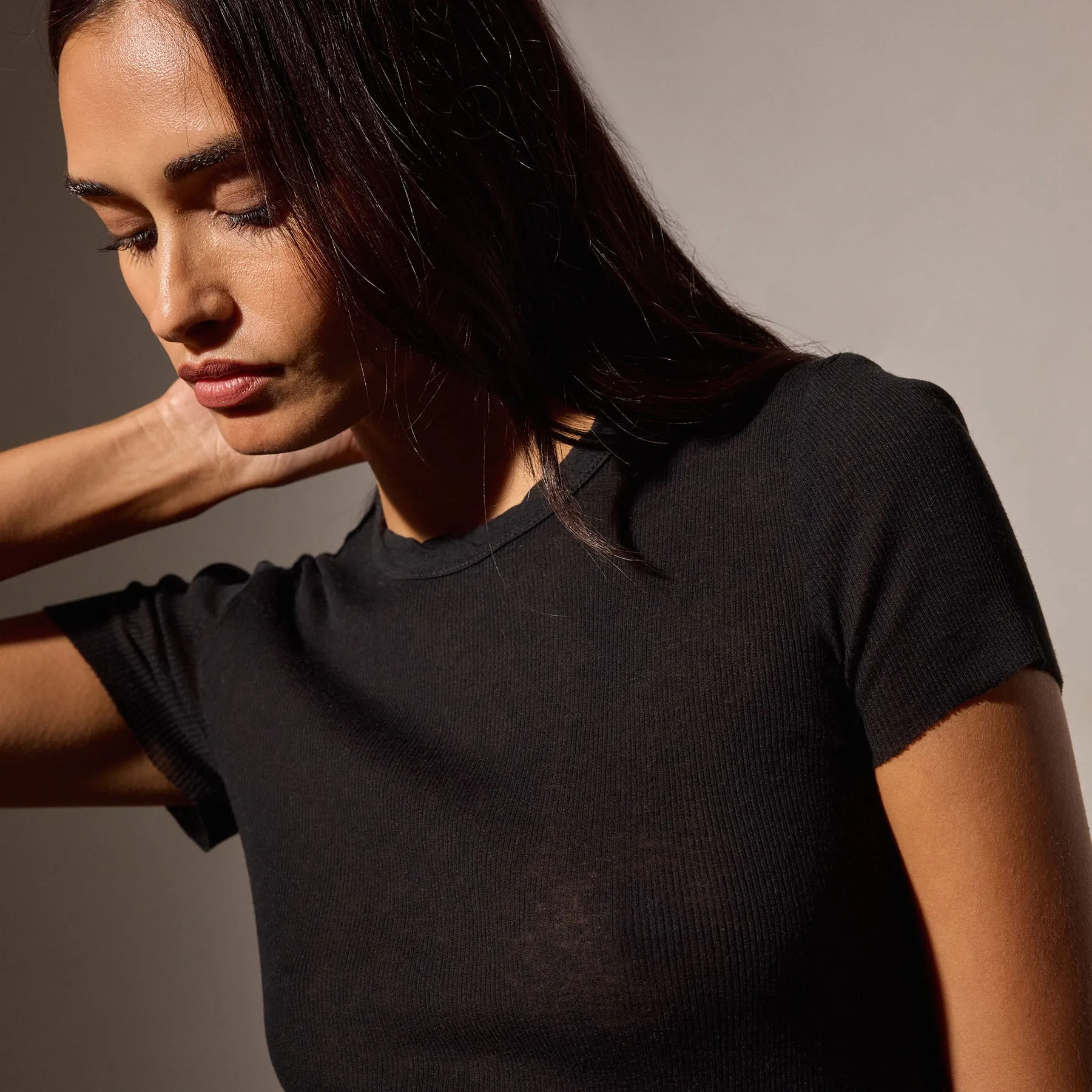 Cotton Cashmere Blend Ribbed Crew - Black