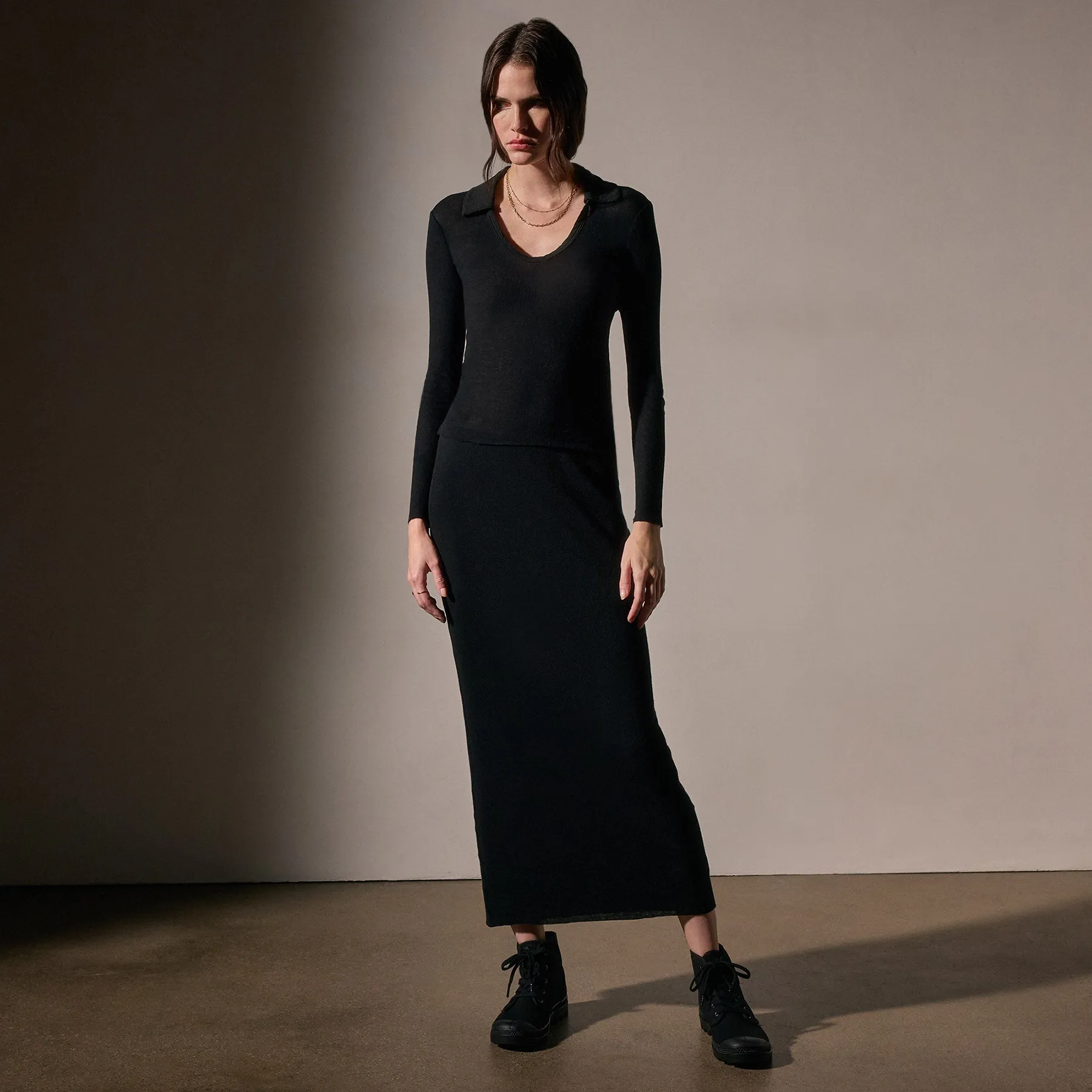 Cotton Cashmere Rib Open Polo - Black