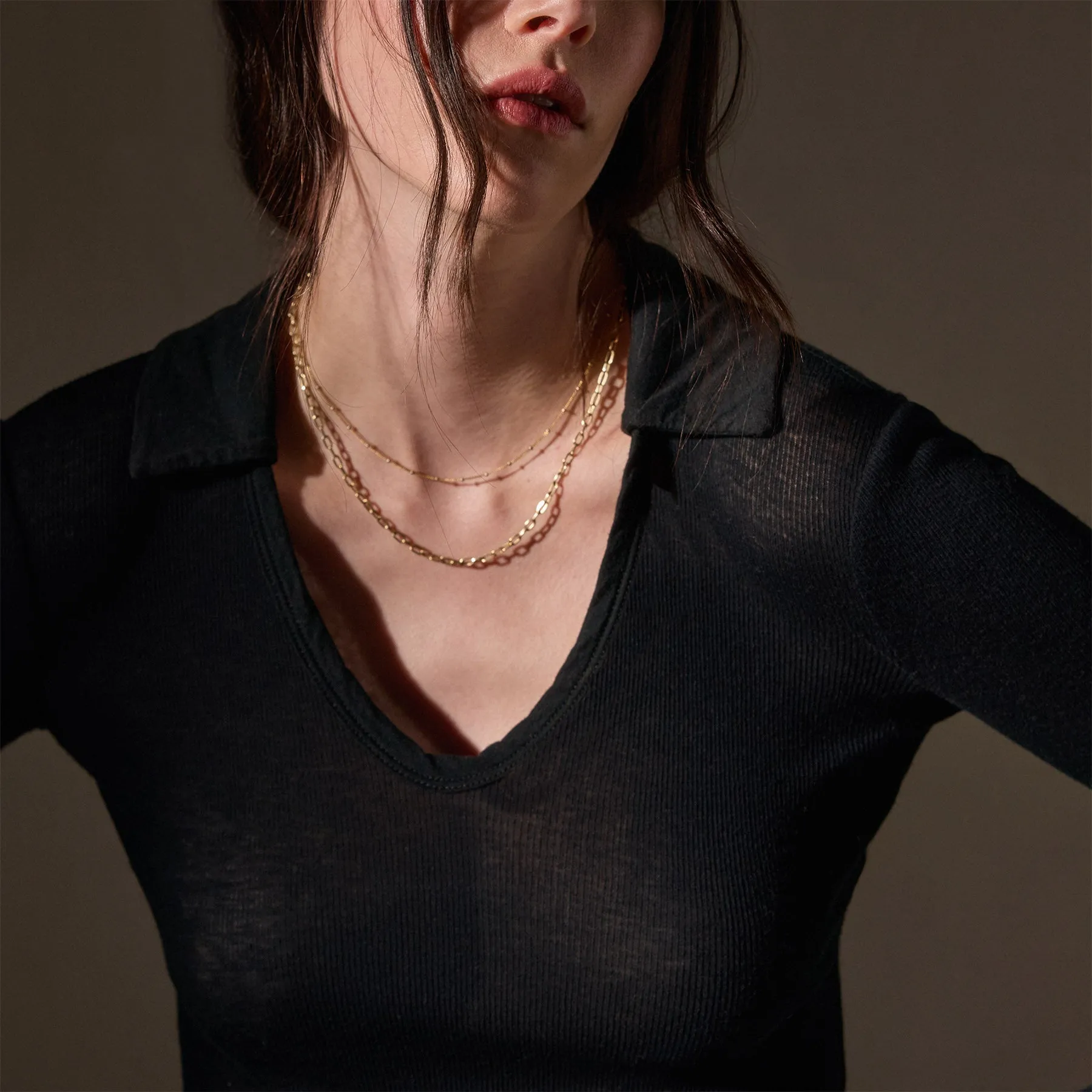 Cotton Cashmere Rib Open Polo - Black