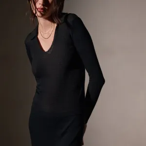 Cotton Cashmere Rib Open Polo - Black