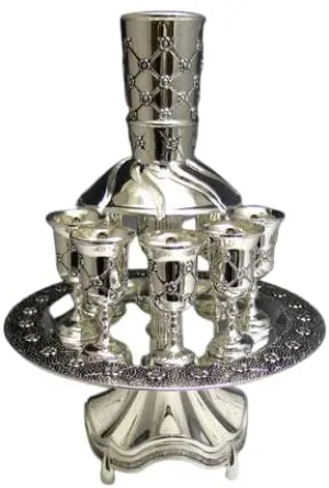 (D) Judaica Silver Plated 8 cup Fountain Floral Design Kiddush Ritual Item
