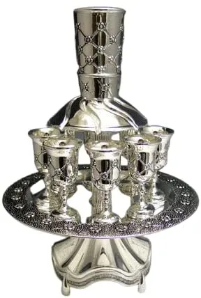 (D) Judaica Silver Plated 8 cup Fountain Floral Design Kiddush Ritual Item