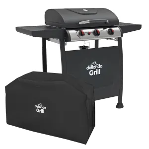 Dellonda 3 Burner Gas BBQ Grill with Piezo Ignition, Built-In Thermometer and Water Resistant Cover, Black/Stainless Steel