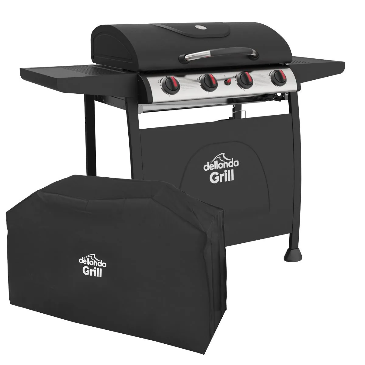 Dellonda 4 Burner Gas BBQ Grill with Piezo Ignition, Built-In Thermometer and Water Resistant PVC Cover, Black/Stainless Steel