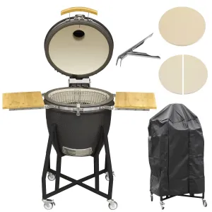 Dellonda Deluxe 22"(56cm) Ceramic Kamado Style BBQ Grill/ Oven/Smoker, Supplied with Stand, Castor Wheels & Accessories
