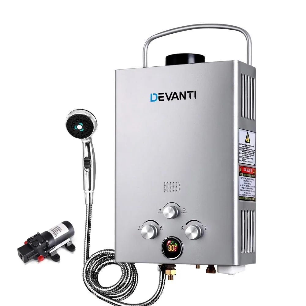 Devanti Outdoor Portable Gas Hot Water Heater Shower Camping LPG Caravan Pump Silver