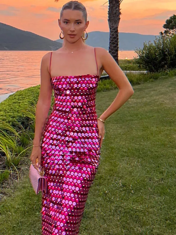 Elegant Sparkling Slim Sequin Dress for Women High Quality Backless Spaghetti Strap Party Evening Dress New Chic Long Dresses