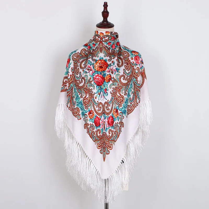 Ethnic Retro Flower Square Scarf Muslim Shawl Fringed Scarves for Women Ladies Girls