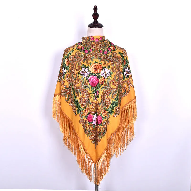 Ethnic Retro Flower Square Scarf Muslim Shawl Fringed Scarves for Women Ladies Girls