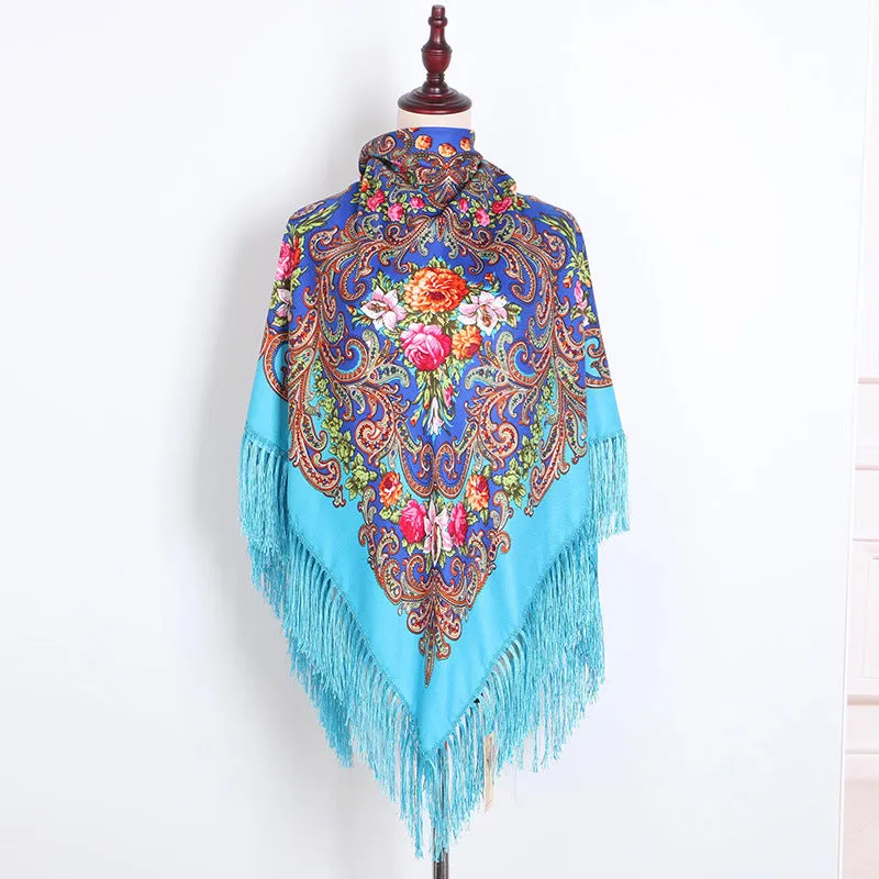 Ethnic Retro Flower Square Scarf Muslim Shawl Fringed Scarves for Women Ladies Girls
