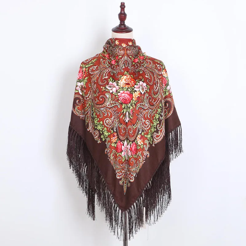 Ethnic Retro Flower Square Scarf Muslim Shawl Fringed Scarves for Women Ladies Girls
