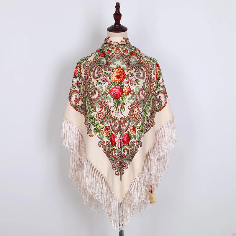Ethnic Retro Flower Square Scarf Muslim Shawl Fringed Scarves for Women Ladies Girls