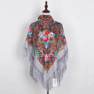 Ethnic Retro Flower Square Scarf Muslim Shawl Fringed Scarves for Women Ladies Girls