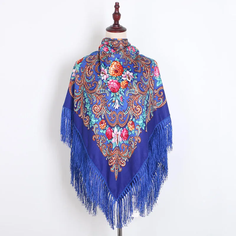 Ethnic Retro Flower Square Scarf Muslim Shawl Fringed Scarves for Women Ladies Girls